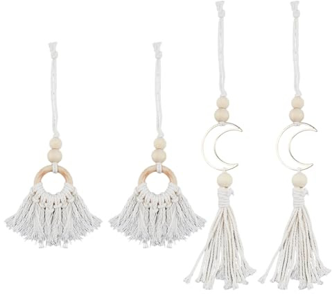 SUPERFINDINGS 4 Stück 2 Designs Boho Wanddekoration Makramee Wandbehang Mit Holzperlen Quasten Böhmische Wanddeko Mond Deko Für Schlafzimmer Wohnzimmer Wohnung Café Kinderzimmer