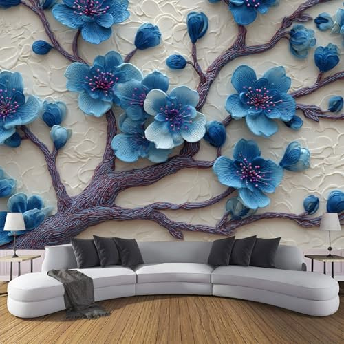Carta Da Parati Fiori Ciliegio Ramoscelli 200×140cm Wallpaper Carta Da Parati Murale 3D, Rilievo Piante Fotomurali Moderni Per Soggiorno E Camera Da Letto, XL Decorazione Murale 3D, Bianco