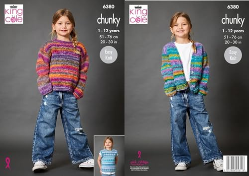 King Cole Chunky Knitting Pattern Pamphlet - 6380 Children's Sweater, Summer Top & Cardigan (3 Designs)