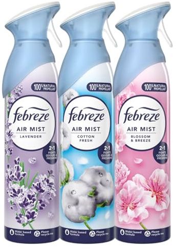 Febreze Air Mist Air Freshener Spray odour Eliminator Home & Office Fragrances - Cotton Fresh - Lavender - Blossom & Breeze - 185ml - Box of 3