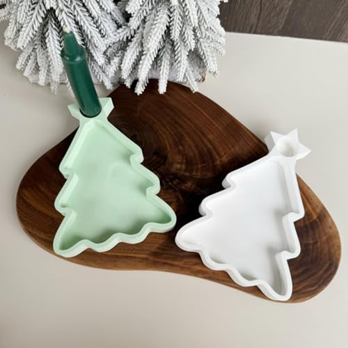 Silikonform Tablett Weihnachten mit Kerzenhalter Rand, Silikonformen Gießformen Tablett Weihnachtsbaum, 3D Epoxidharz Silikonform Tannenbaum Untersetzer Schmuckschale Teller Gipsformen zum Gießen (B)