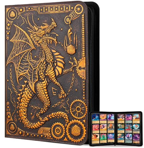 SogYupk Sammelkartenordner, 360 Seiten mit Seiteneinsteckfächern und Reißverschluss, 3D-PU-Leder mit geprägten fliegenden Drachen, 9-fach-Sammelkartenalbum für MTG, TCG, Pokémon, Lorcana (Rot-Kupfer)