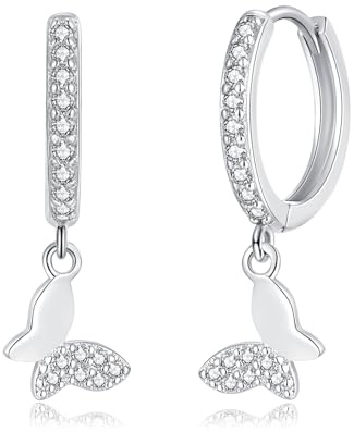 Estrellique Silver Hoops Earrings for Women, 925 Sterling Silver Drop Hoop Earrings with Black Heart/Daisy/Butterfly Design, Dainty CZ Small Cute Cartilage Cuff Silver Sleeper Earrings
