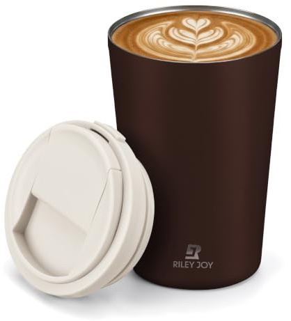 Riley Joy Thermobecher 380ml für Kaffee & Tee - Auslaufsicherer Isolierbecher mit One-Touch Deckel, Hält 6 Stunden Heiß 12h Kalt, Spülmaschinenfest Travel Mug für Auto, Pendler, Büro (Braun)