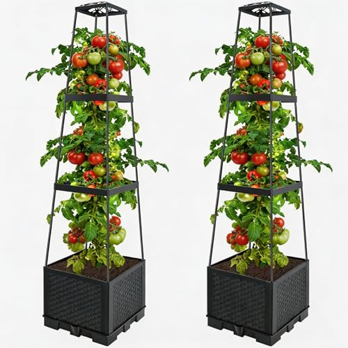 RHAIQBVC 2PCS Raised Beds for Garden, Raised Garden Bed with Trellis, 114 cm Height Adjustable Self-Watering Tomato Pot with Climbing Support,Tomato Climbing Support for Indoor Outdoor Use (2PCS)