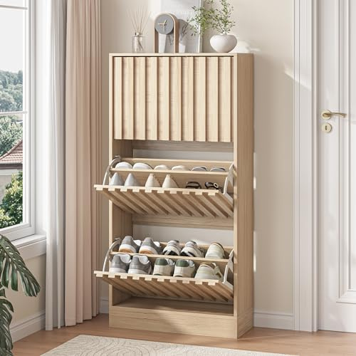 UEV Tall Wide Wooden Shoe Cabinet with 3 Flip Drawers – Holds 15 Pairs, Narrow Slatted Ventilated Storage for Hallway & Entryway, Space-Saving Natural Wood Finish