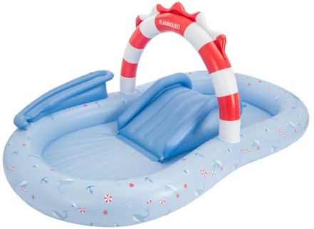 Flamingueo Piscina Infantil Doble - con Aspersor - para Playa y Jardín - PVC Resistente - 6 Pelotas Incluidas - 245 x 140 x 100 cm - Azul