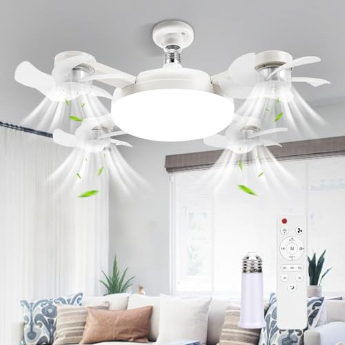 Ampoule Ventilateur Plafond avec Lumiere E27/B22 | Plafonnier à visser sur douille avec Lampe Intégrée | Silencieux Ventilo Led Telecomande | Lustre lampe Ventilateurs Plafond