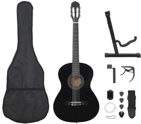 QUAHEAS Set di 12 chitarre classiche nere 4/4 39 con accordatore, custodia, tracolla, capotasto, plettri, set di corde per principianti, scuola, palcoscenico, lezione musicale, tastiera in plastica