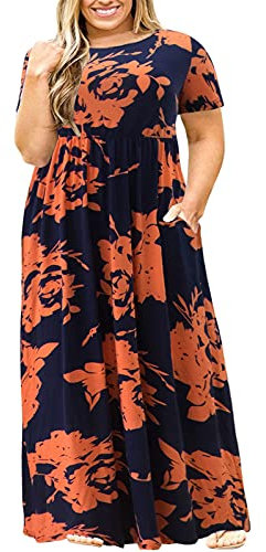 Nemidor Women Short Sleeve Loose Plain Casual Plus Size Long Maxi Dress with Pockets (24, Orange Print)