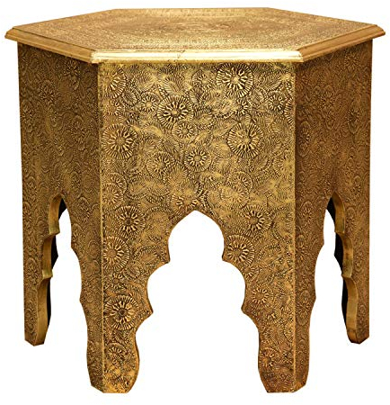 Casa Moro Orientalischer Beistelltisch Targa Höhe 46 x Ø 46 cm Holz-Tisch komplett mit Messingintarsien Verkleidet im Antik-Gold Look | Kunsthandwerk Pur | MA77-345