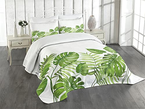 ABAKUHAUS Blatt Tagesdecke Set, Laub wirbelt Botanic, Set mit Kissenbezügen Waschbar, für Doppelbetten 220 x 220 cm, Grün