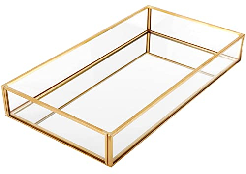 HighFree Gold Vintage Glass Decorative Mirror Tray Jewelry Tray Serving Tray Vanity Tray Cosmetics, Makeup, Trinket Organizer for Dresser, Bathroom and Bedroom (11.8x7.9x2)