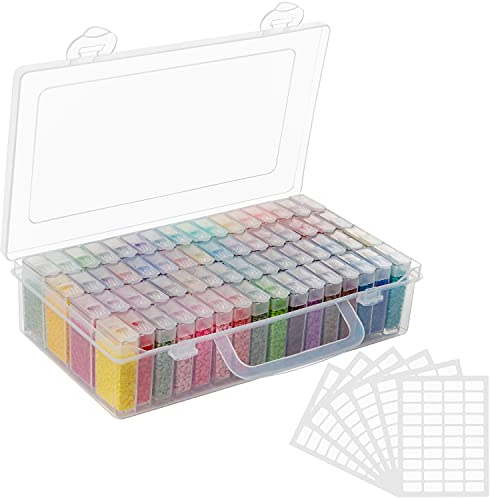 HANDI STITCH 60.000 Pack Diamond Painting Aufbewahrungsbox mit Runden Diamanten 60 Farben - 64 Diamond Painting Dosen mit Aufbewahrungsbox & Etiketten - Diamond Painting Zubehör Set zum Basteln & DIY