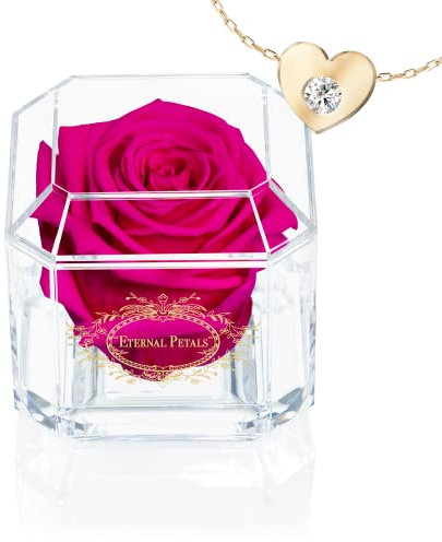 Eternal Petals A Real Rose That Lasts Years, Handmade in UK – Gold Solo with Gift Box, 18 ct Gold plated Heart Necklace with Clear Crystal and Love Message Greeting Card (Hot Pink)