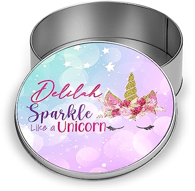 Print Maniacs Personalised Tin Storage Box Jar Decorative Keepsake Small Item Tidy Bedroom Playroom Unicorn Gift Box For Girl Boy (Unicorn)