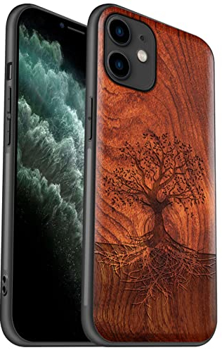 Carveit Hülle für iPhone 11 [Elegante Pflaumenfarbe] [Weich TPU Stoßstange] Stoßfeste Handyhülle Kompatibel mit 11 Hülle Holz （Baum mit Wurzeln）