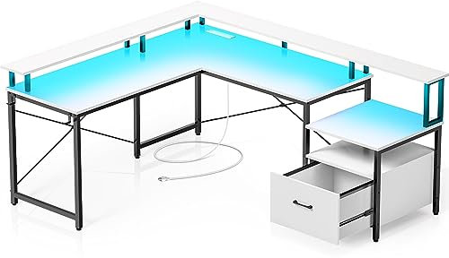 Rolanstar Computertisch L Form mit Steckdose & LED Streifen, 159 cm Schreibtisch mit Monitorständer & Schublade, Reversibler Gaming Tisch für Büro, Arbeitszimmer, Schlafzimmer, Weiß