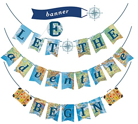 TSHAOUN 3 Stück Bon Voyage Party Dekorationen Weltkarte Wimpel Partydeko, Let The Adventure Begin Wimpelkette, Schulabgänger-Banner, zum Abschied, Abschied, Reisen, Party-Dekoration (3 Pcs)