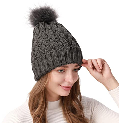 iSpchen USB Beheizte Strickmütze Damen Winter Beheizbare Mütze Bommel Wintermütze USB-beheizte Beanie Bommelmütze Haarball Beheizte Mütze Pom-Pom Hut Gestrickte Wollstrickmütze