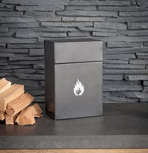 AuraHome Metal Fire Lighter Box Storage Holder Grey Powder Coated Fits All Types, Flip Top Lid,Fireside Mantel Piece Trendy 20cm H x 13.5cm W x 9cm D Keeps Firelighters Dry & Safe Ready to use