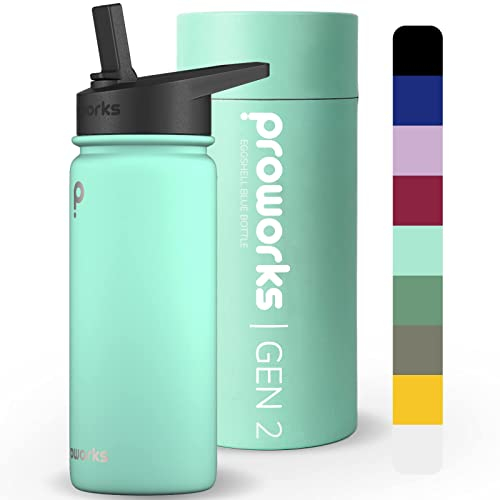 PROWORKS Gen 2 Bouteille d'eau Isotherme avec Paille 1L Bouteille d'eau Isotherme 24 Heures Froid 12 Heures Boissons Chaudes Acier Inoxydable Gym - Bleu Coquille D'oeuf