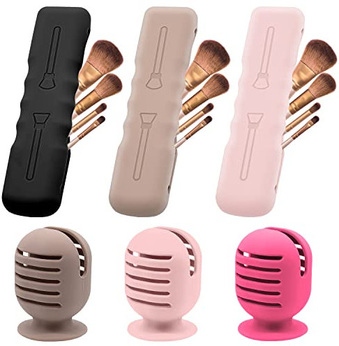 Makeup Brush Sponge Holder,Silicone Makeup Brush Covers Bag Travel Beauty Blender Holders Suctioned Drying Stand,Magnetic Makeup Brushes Case Organizer for Traveling Cute Portable (6p-Black+Pink+Khak)