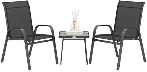 Outsunny 3 Pieces Outdoor Bistro Set, Patio Stackable Armchairs with Breathable Mesh Fabric and SPC Board Coffee Table, Black