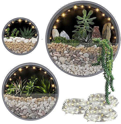 JonesHouseDeco 3 set di fioriere rotonde da parete grigie appese a vasi in metallo per piante succulente Decorazione domestica per interni con luci a LED da 3 m (grigio, spessore 5 cm)