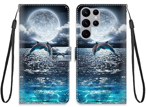 KARTXITAI Case Compatible with Samsung Galaxy S22 Ultra 5G,Pattern PU Leather Flip Phone Case Wallet Cover with Card Slot Holder Magnetic TPU Bumper Protective Cover-Dolphins, sea, moon, sky