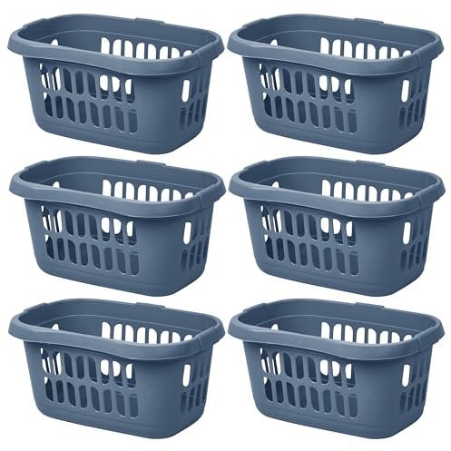 JMS we create smile (Set of 6) 60L Litre Plastic Hipster Laundry Basket Washing Clothes High Grade Linen Tidy Storage Basket Stackable Organiser for Bathroom Laundry Room Kids Nursery (Midnight Navy)