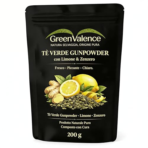 GreenValence Tè Verde Gunpowder con Limone e Zenzero - Miscela Aromatica di Tè Verde | Fresco e Speziato | Naturale Senza Additivi | Tè Premium per Caldo, Freddo ed Eistea (200 g)