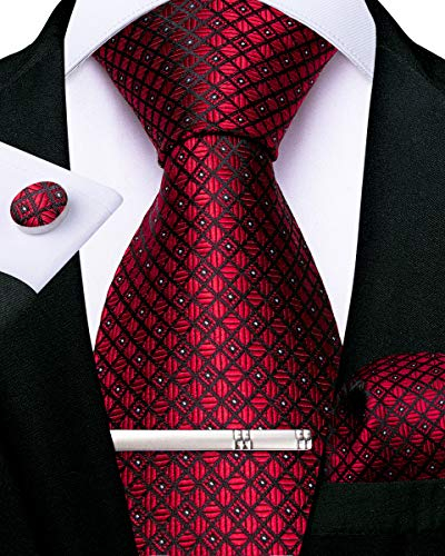 DiBanGu Rot Karierte Krawatte für Herren formellen Seidenkrawatte und Einstecktuch Manschettenknöpfe Hochzeit Party Krawattenklammer Set