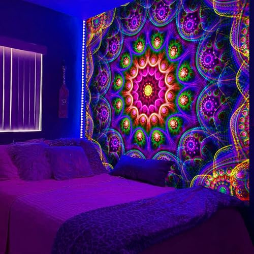 PSYHILAR Blacklight Trippy Mandala-Wandteppich, Boho-Schwarzlicht-Poster für Erwachsene, UV-reaktive Raumdekoration für Schlafzimmer, Wand (152,4 x 127,7 cm)