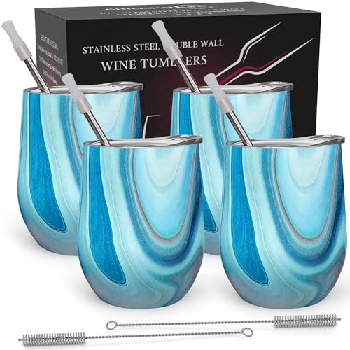 CHILLOUT LIFE Edelstahl-Weingläser, 4 Stück, 340 ml, doppelwandig, vakuumisolierte Weinbecher mit Deckel und Strohhalmen, Set für Kaffee, Wein, Cocktails – Ozean-Marmor