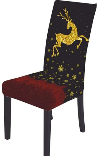 Highdi Weihnachten Stretch Stuhlhussen Weihnachts-Rentier Bedruckter Stuhlbezug Waschbar Universal Elastisch Stuhlüberzug für Esszimmer, Hotel, Bankett,Weihnachtsdekor (6er Set,Schwarzes Gold)