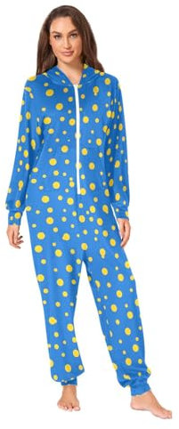RPLIFE Viola Rosa Gradiente Uomini Pigiama Onesie Adulto Onesie Pigiama Con Cappuccio, Set Pigiama Lungo, Pigiama Adulto Cerniera, Giallo Blu A Pois, X-Large