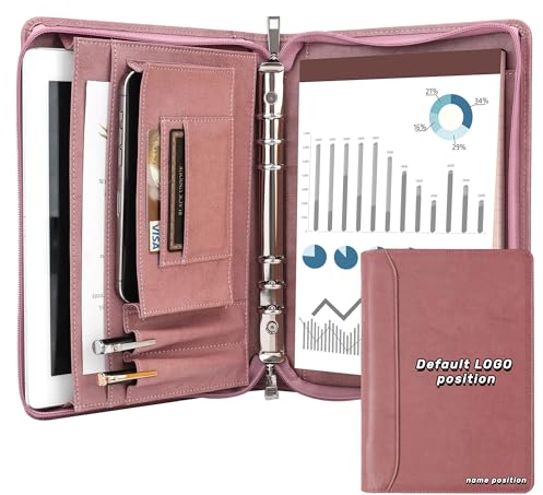 KISSKI Free Custom LOGO, Personalisiertes A5 Leder Schreibmappe für Frauen, Kleines 6 Ring Portfolio für Links-/Rechtshänder, Gravierter Business Organizer, Monogrammierte Geschenke, Customized, Pink