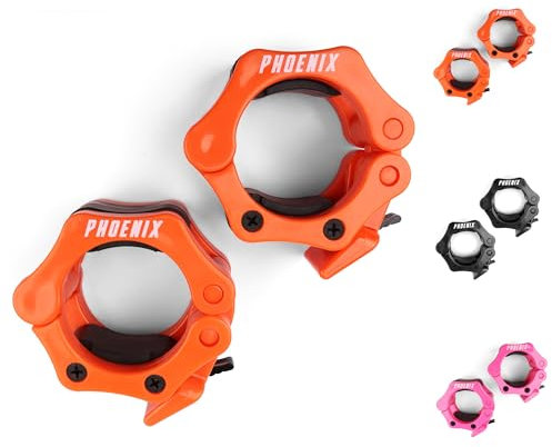 Phoenix Fitness Barbell Clamps - Pair of 1” or 2” Olympic Bar Collars for Weightlifting Bars - Set of 2 Heavy-Duty Barbell Clips - Quick Release Clamps for Home & Gym Training - Orange, 2-inch
