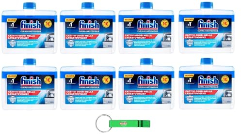 8 X Finish Cura Lavastoviglie, detersivo per lavastoviglie, effetto disinfettante e sgrassante, rimuovere i depositi di grasso e calcare, 250 ml + portachiavi Beni Culinari gratuito