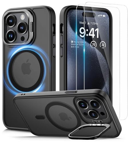Lanhiem für iPhone 15 Pro Hülle für MagSafe mit Ständer und 2 Stück Schutzfolie, Magnetische Stoßfest Handyhülle für iPhone 15 Pro Case Schutzhülle Durchscheinende Matt Cover, Schwarz