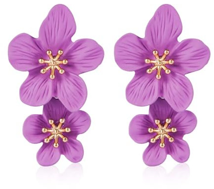 Doppelte Blumenohrringe, 3D-Blumenohrringe Florale Baumelnde Ohrringe Boho-Ohrstecker Schicke Wildblumenohrringe Statement-Schmuck für Frauen Mädchen Hochzeit Party (Lila)