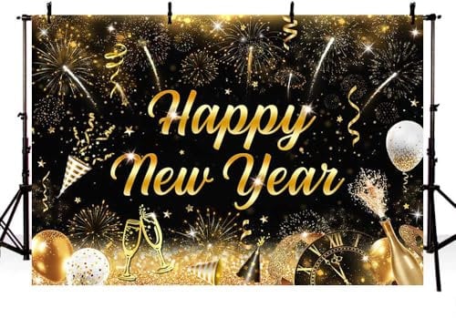AIBIIN Fotohintergrund mit Aufschrift Happy New Year, Schwarz und Gold, Prost bis 2025, Champagner-Feuerwerk, Hello 2025, Dekoration für Silvesterparty, Foto-Requisiten, 2,1 x 1,5 m