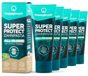 happybrush Zahnpasta SuperProtect All-in-One 9-fach Formel pflegt das Zahnfleisch, hilft Karies vorzubeugen - Klinisch getestete Zahncreme im 5er Pack mit Frischem Minz-Geschmack