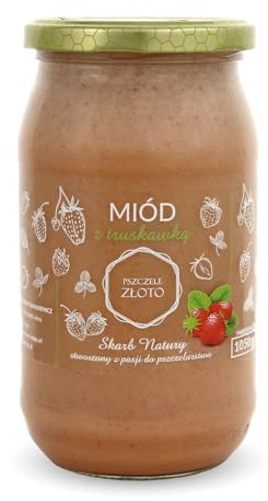 Honig mit Erdbeeren 1050 g - 1 kg - Großes Glas - Bienenhonig - Europäischer Naturhonig - Hergestellt in der EU - Zum Süßen - Zuckerersatz - Für Backwaren