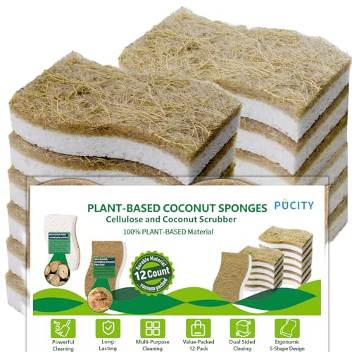 Sponges Kitchen Natural Dish Sponge Plant-Based Biodegradable Compostable | Cellulose with Coconut Scrubber Sponge Non Scratch Eco Friendly Kitchen sponges for Kitchen Dishes(Pack of 12)