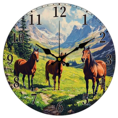 CHGCRAFT 12 Zoll Horse Valley Wanduhr Batteriebetrieben Leise Nicht Tickend Runde Dekorative Uhr Pferd