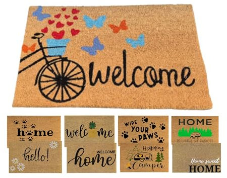 MYPURECORE Coir Door Mat (60x40cm) - Non-Slip & Absorbent, Indoor/Outdoor, Eco-Friendly - Ideal as Front Door, Entrance, Floor, Welcome Mat - Large Size, Dirt Trapper, Washable (WELCOME BIKE)