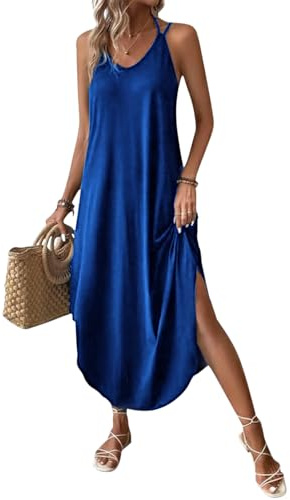 Chicrise Maxi Robe Femme Bretelles Spaghetti Col V Robe De Chambre Longue Robe Chemise sans Manches Bleu 2X Grand 50-54
