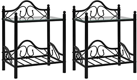 NQJIBUE Lot de 2 tables de chevet en acier et verre trempé Noir 45 x 30,5 x 60 cm
